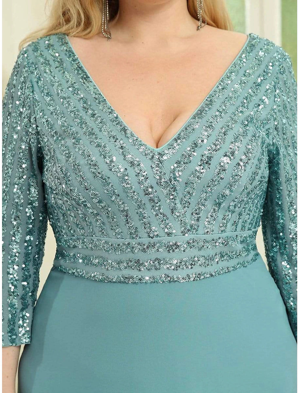 Teal Sequin & Chiffon A-Line V-Neck Floor-Length Gown