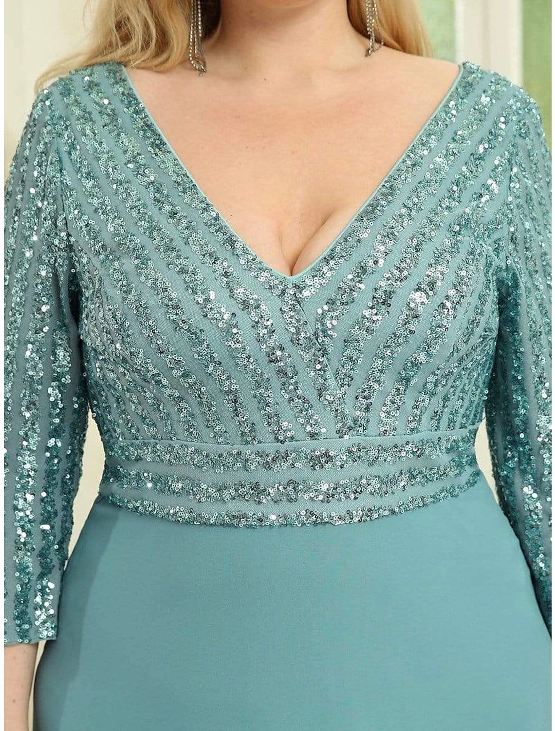Teal Sequin & Chiffon A-Line V-Neck Floor-Length Gown