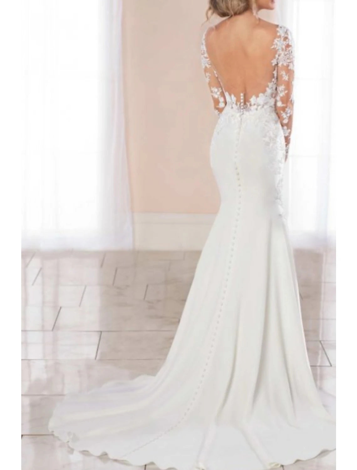 Ivory Crepe Mermaid Wedding Dress with V-Neck and Lace Illusion Sleeves