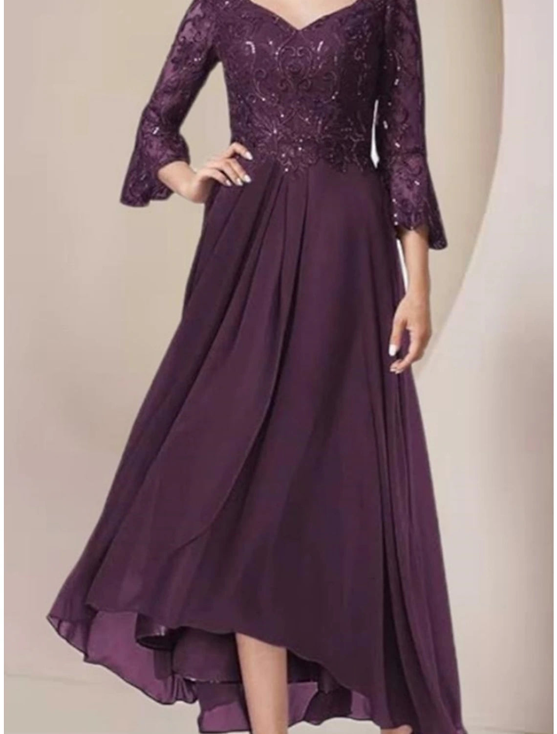 Mulberry Lace A-Line Asymmetrical Evening Dress with Lace sequin bodice, Bell sleeves & High-low hem