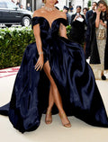 Dark Navy Satin Off-the-Shoulder Ball Gown Evening Dress