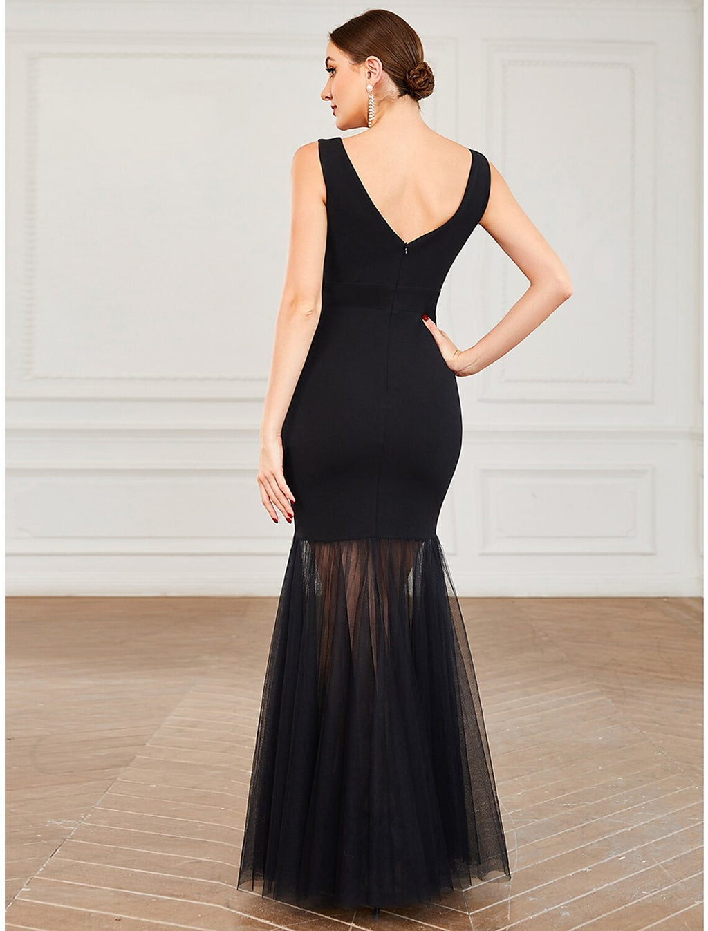 Black Crepe Mermaid Floor-Length Dress with V-Neck and Pleated Bodice & Sheer Tulle Skirt