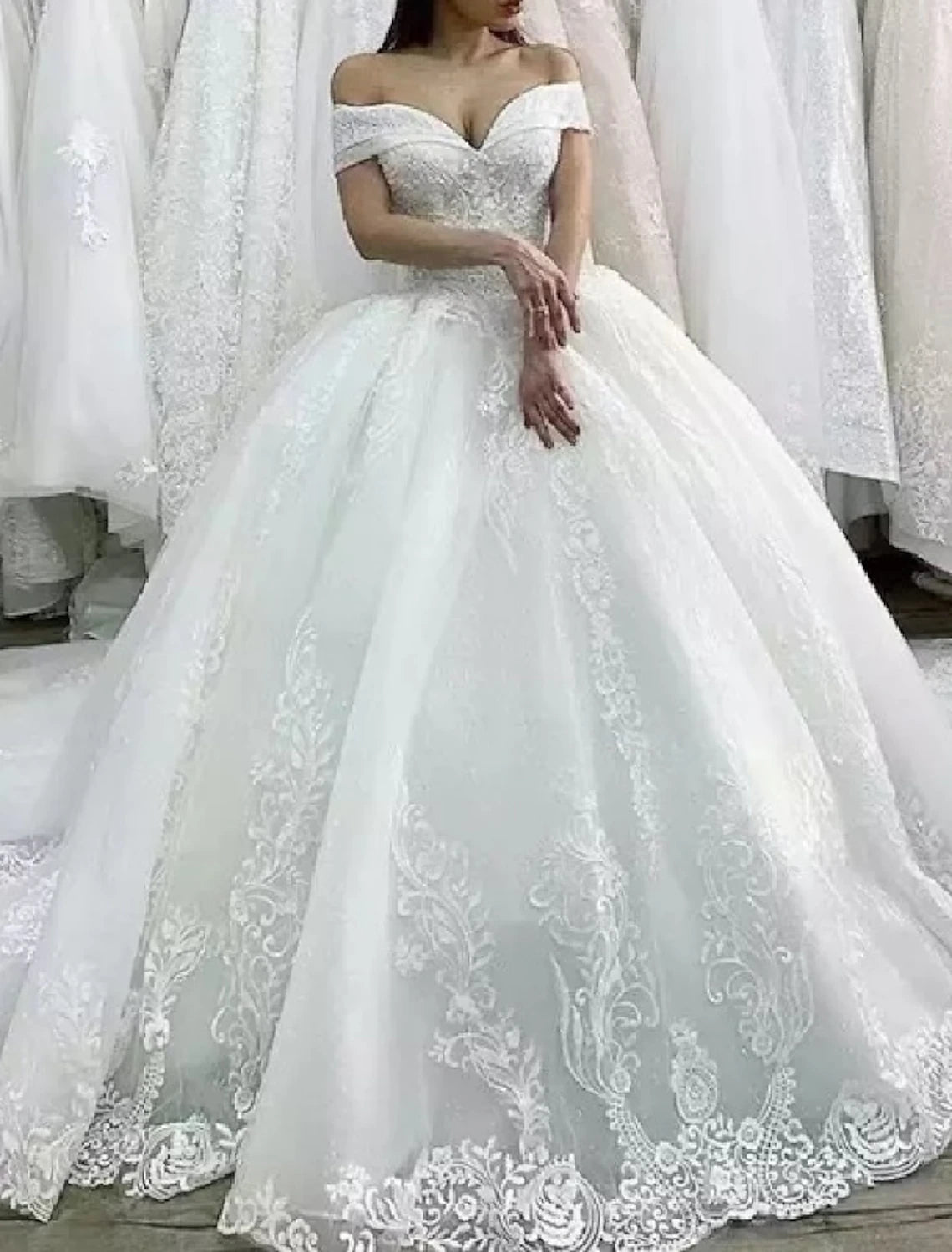 Vestidos de novia formales de compromiso, vestido de baile, hombros descubiertos, manga corta, cola capilla, vestidos de novia de encaje con apliques