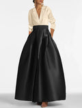 Vestido de noche elegante de corte A para boda, lazo negro, largo hasta el suelo, manga larga, escote en V, para invitados de boda de otoño, satén con bolsillo fruncido.
