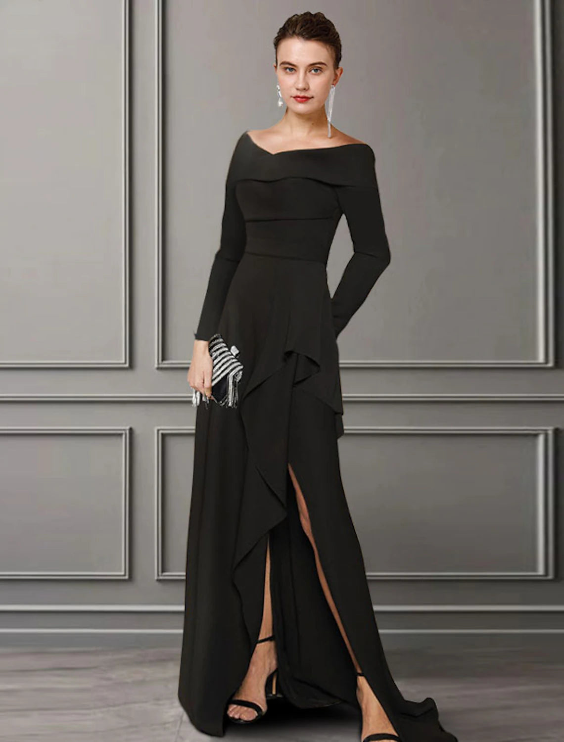 A-Line Mother of the Bride Dress Elegant Off Shoulder Sweep / Brush Train Lace  Fabric Long Sleeve with Ruched Split Front