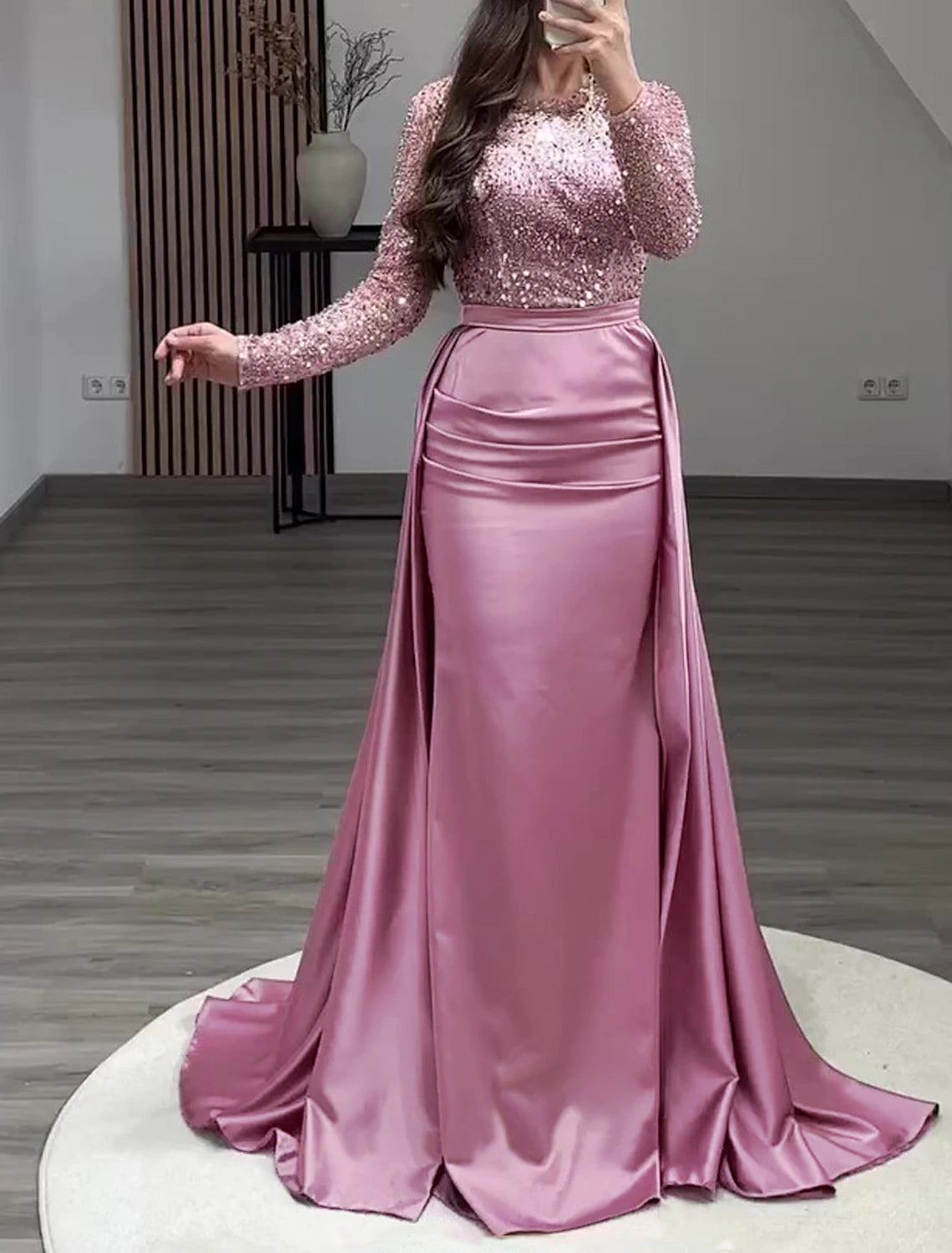 Ivory Satin Sheath/Column Gown with Illusion Sequin Sleeves