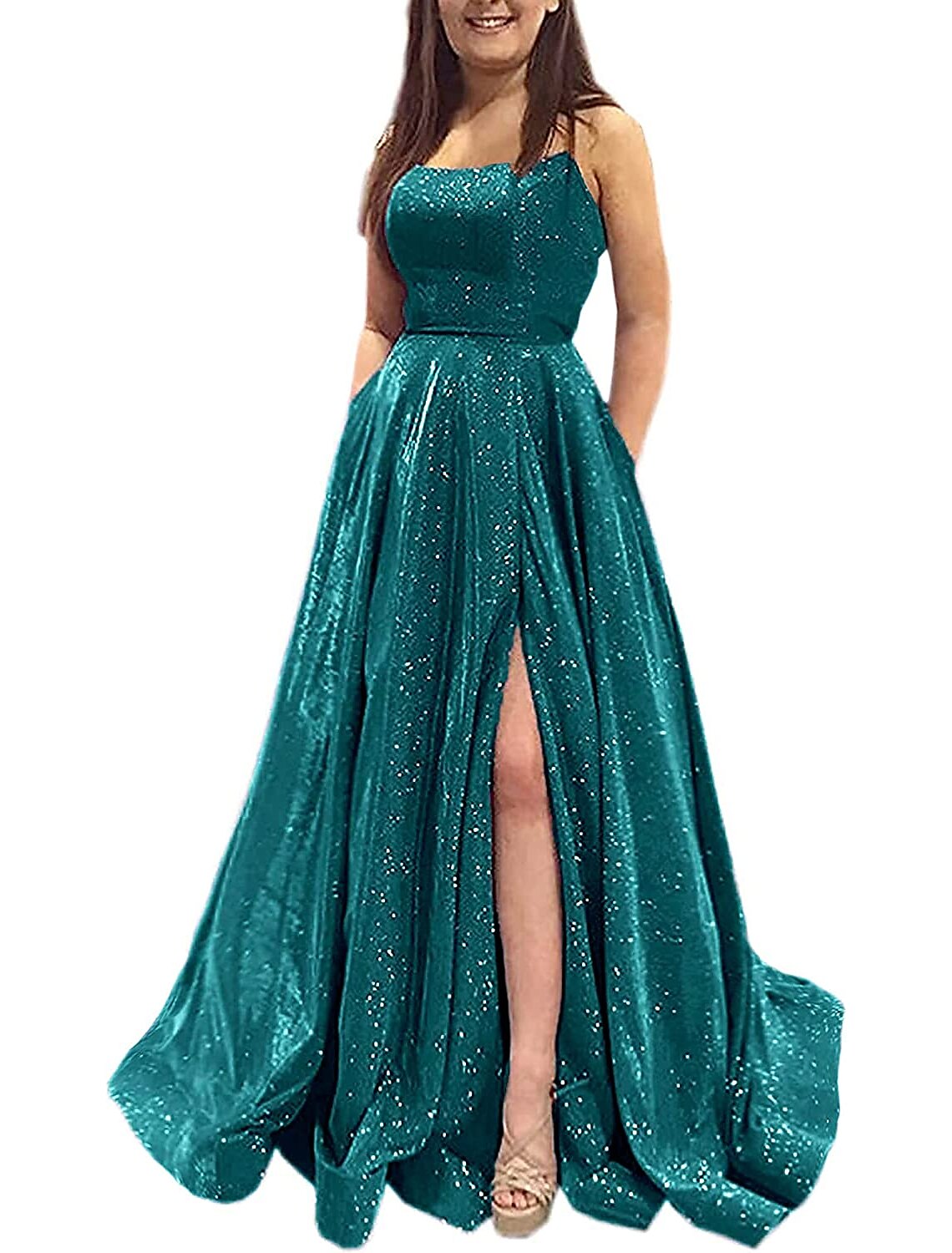 Abiti da ballo a trapezio, scintillanti e brillanti, lunghi fino al pavimento, senza maniche, senza spalline, in raso, senza schienale, con tasca a fessura