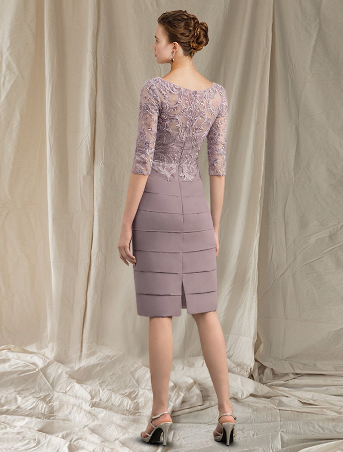 Vestido de dos piezas para madre de la novia, elegante, estilo iglesia, con escote joya, largo hasta la rodilla, de gasa, con encaje, media manga y apliques