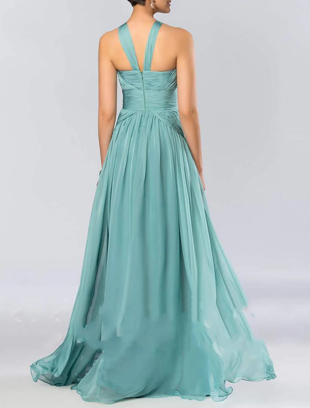 Vestido de dama de honor de corte A, cuello halter, sin mangas, elegante, largo hasta el suelo, de gasa con pliegues/drapeado.