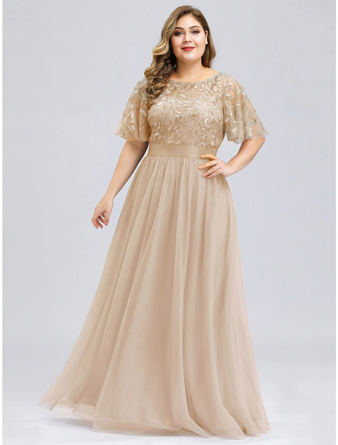 Vestidos de fiesta de corte A, estilo imperio, para invitadas de boda, para graduación, largo hasta el suelo, manga corta, cuello joya, vestido de dama de honor de tul con apliques de lentejuelas