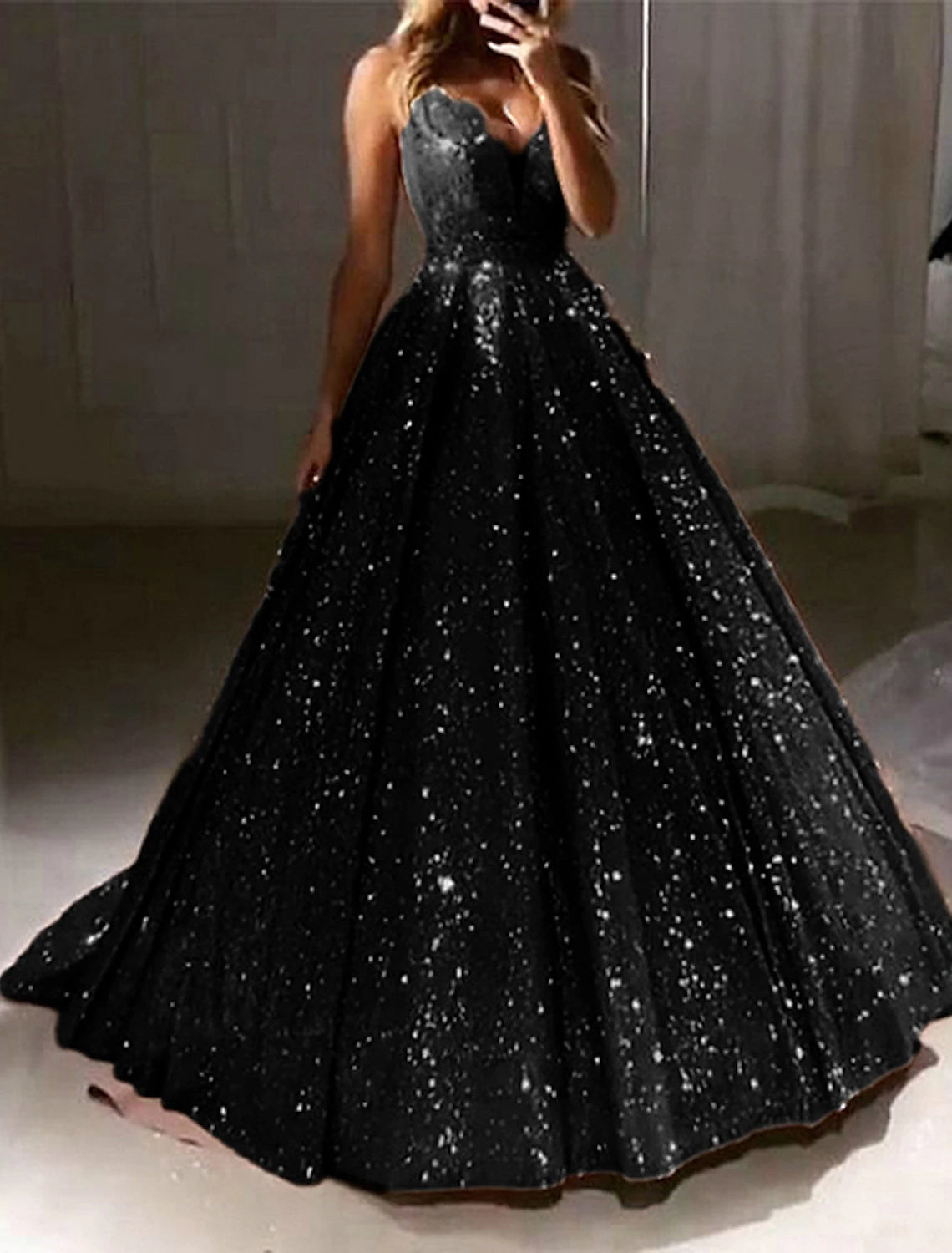 Ball Gown Glitter Prom Black Dress Luxurious Tulle Sparkly Dress For Wedding Party Quinceanera Sweep / Brush Train Sleeveless V Neck Tulle V Back with Sequin 2025
