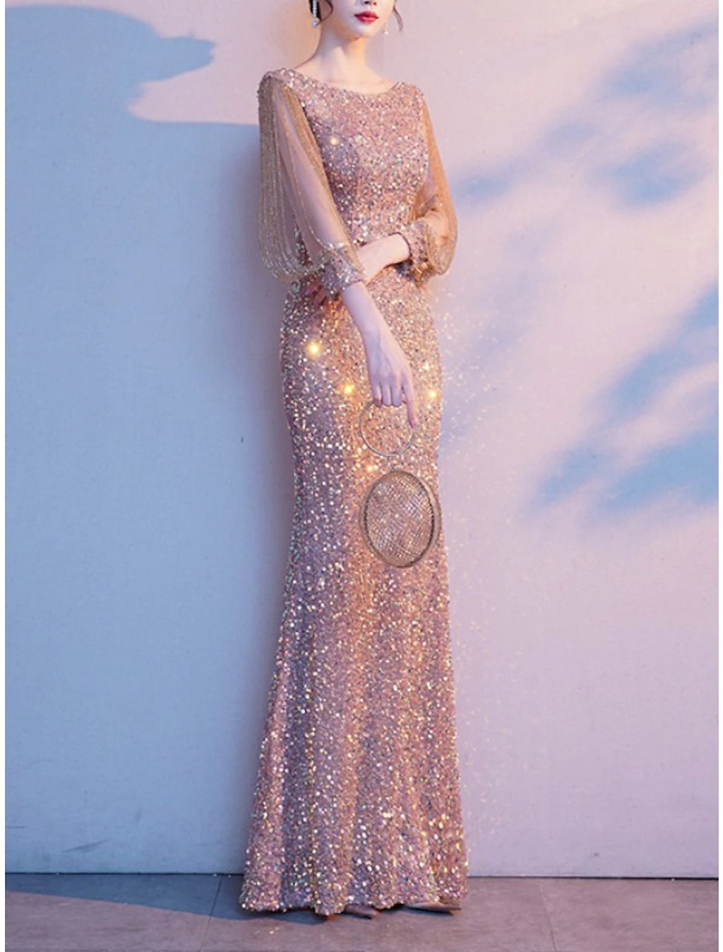 Vestido de madre de la novia con corte tubo/columna, elegante, con brillo y brillo, escote joya pequeño, largo hasta el suelo, lentejuelas, manga 3/4, color liso