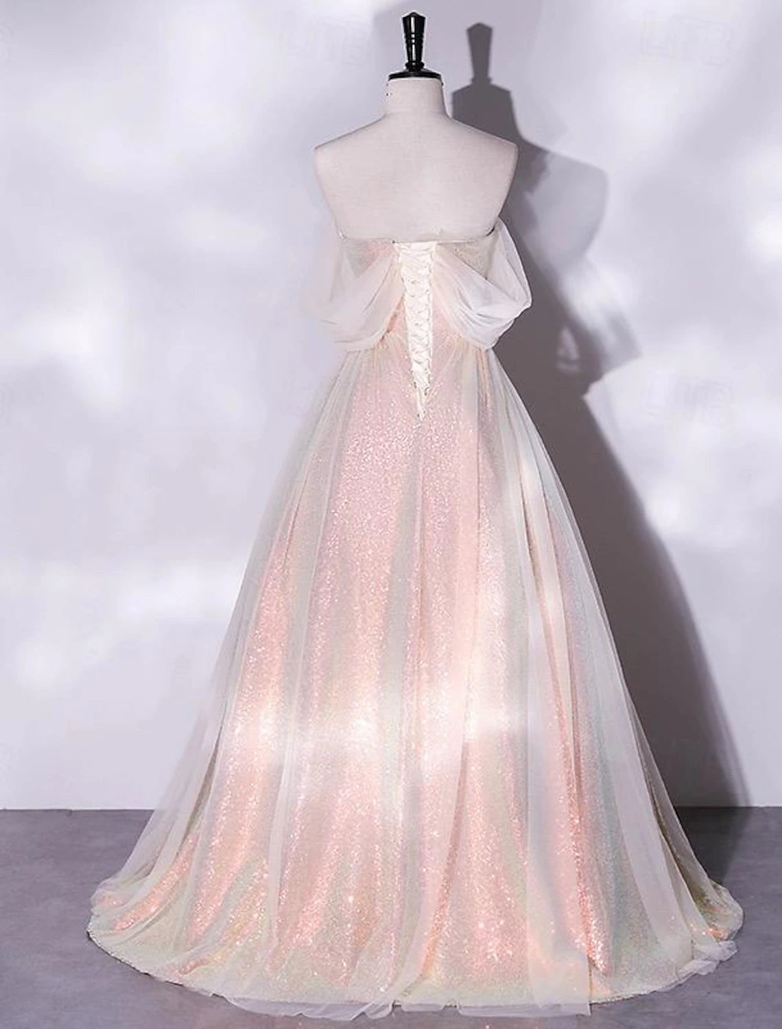 A-Line Prom Dresses Glittering Dress Quinceanera Birthday Floor Length Short Sleeve Off Shoulder Tulle with Ruched