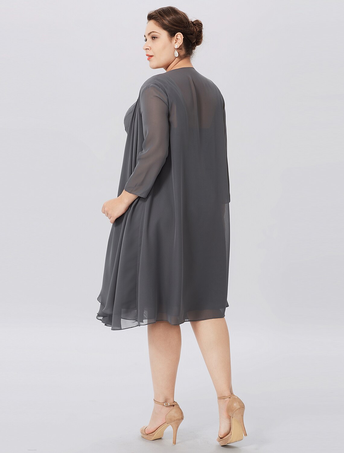 Abito da madre della sposa a trapezio, elegante, taglie forti, con spalline, lunghezza al ginocchio, in chiffon, senza maniche, con pieghe incrociate