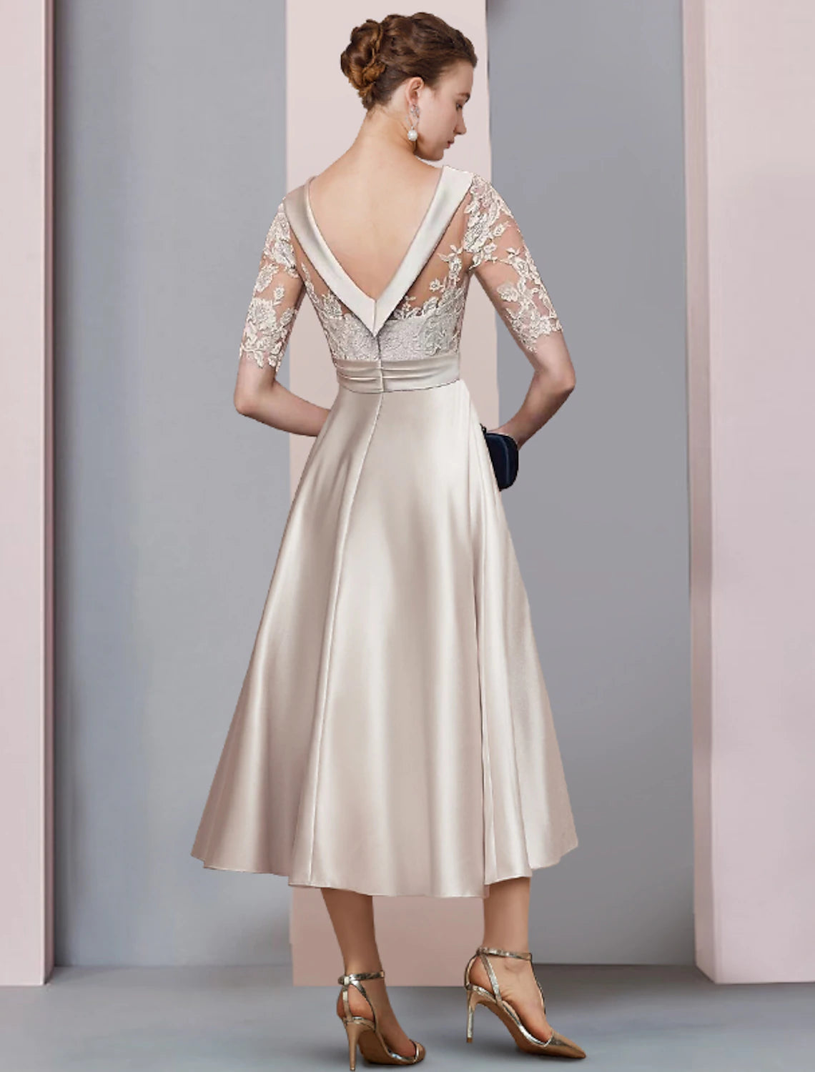 Champagne Satin A-Line Tea-Length Dress with Lace Illusion Bodice