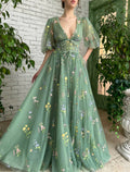 Vestidos de fiesta de corte A, elegantes, para invitados de boda, fiesta de bodas, largo hasta el suelo, manga corta, escote en V, encaje con apliques y tiras.
