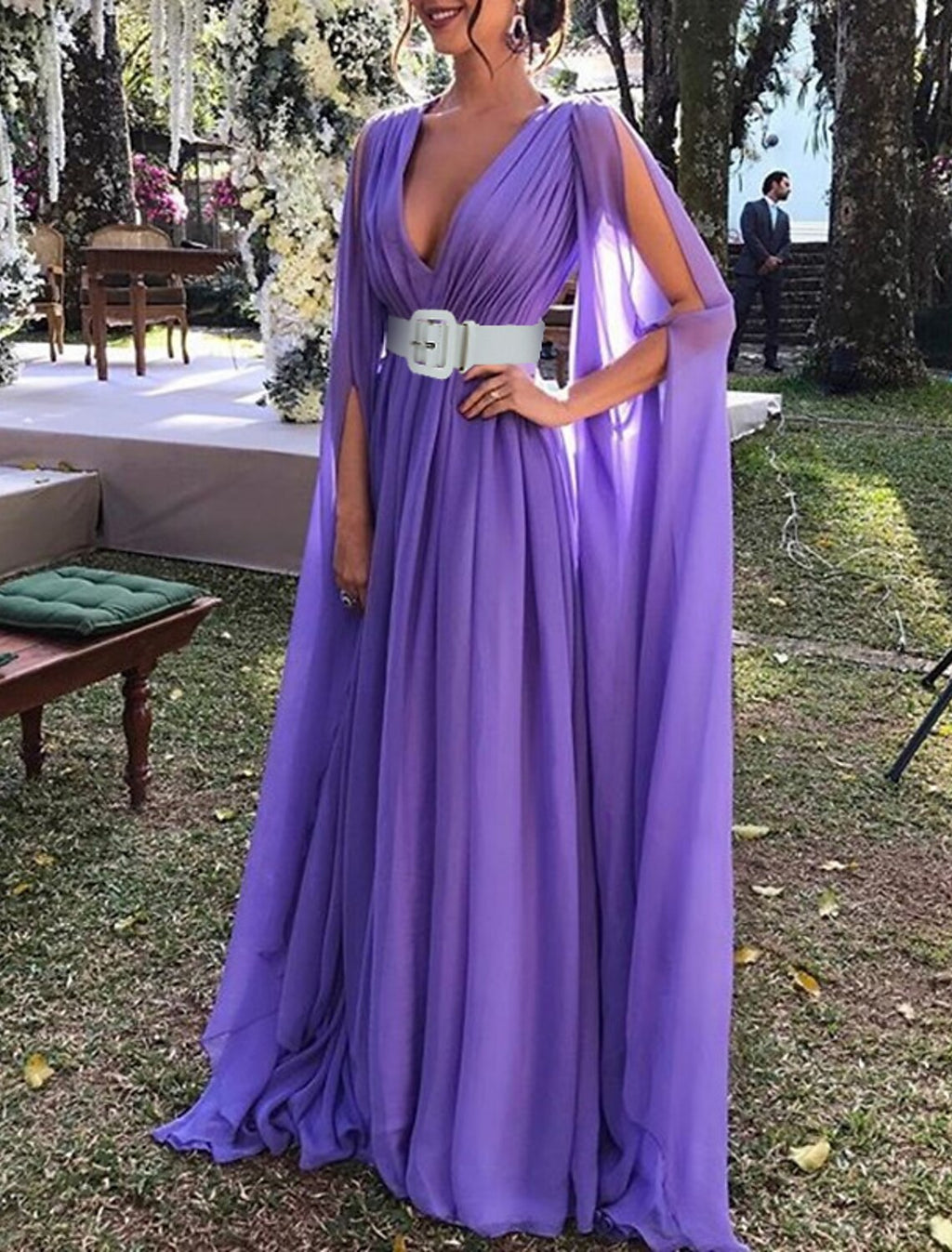 Lilac Chiffon A-Line Floor-Length Bridesmaid Dress with Draped Bodice and Cape Sleeves