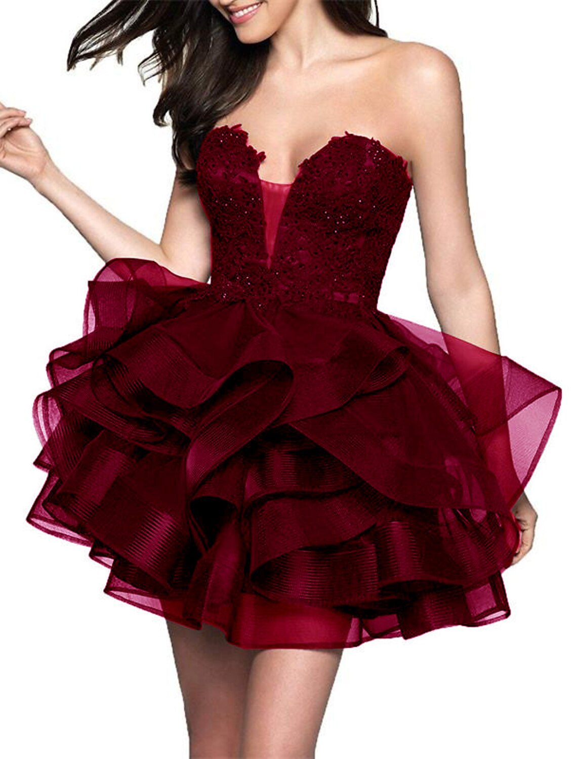 A-Line Minimalist Party Wear Sleeveless Strapless Satin with Appliques Tiered Short/Mini Homecoming Dresses