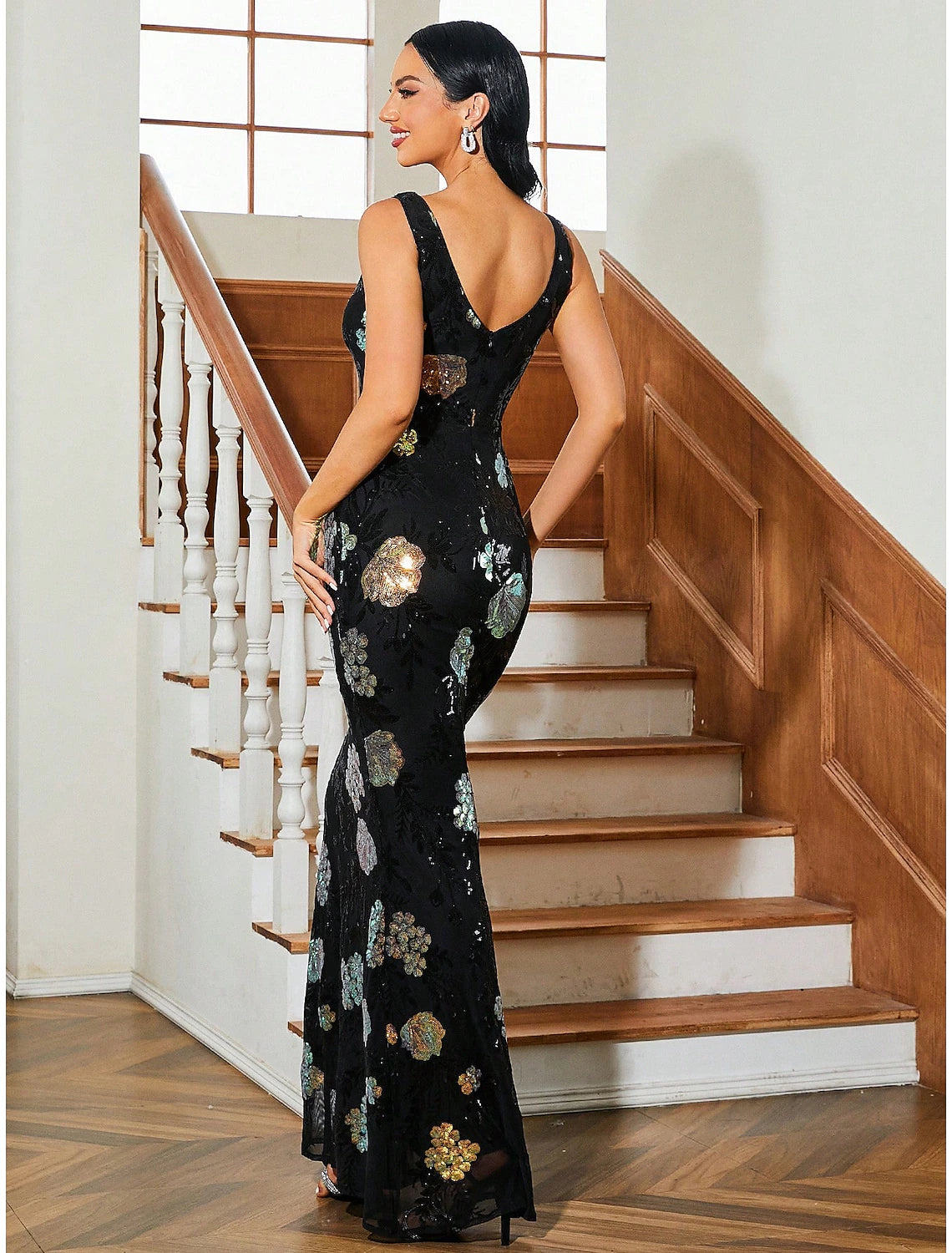 Black Sequin Sheath/column Floor-Length Evening Dress with Illusion V-Neck