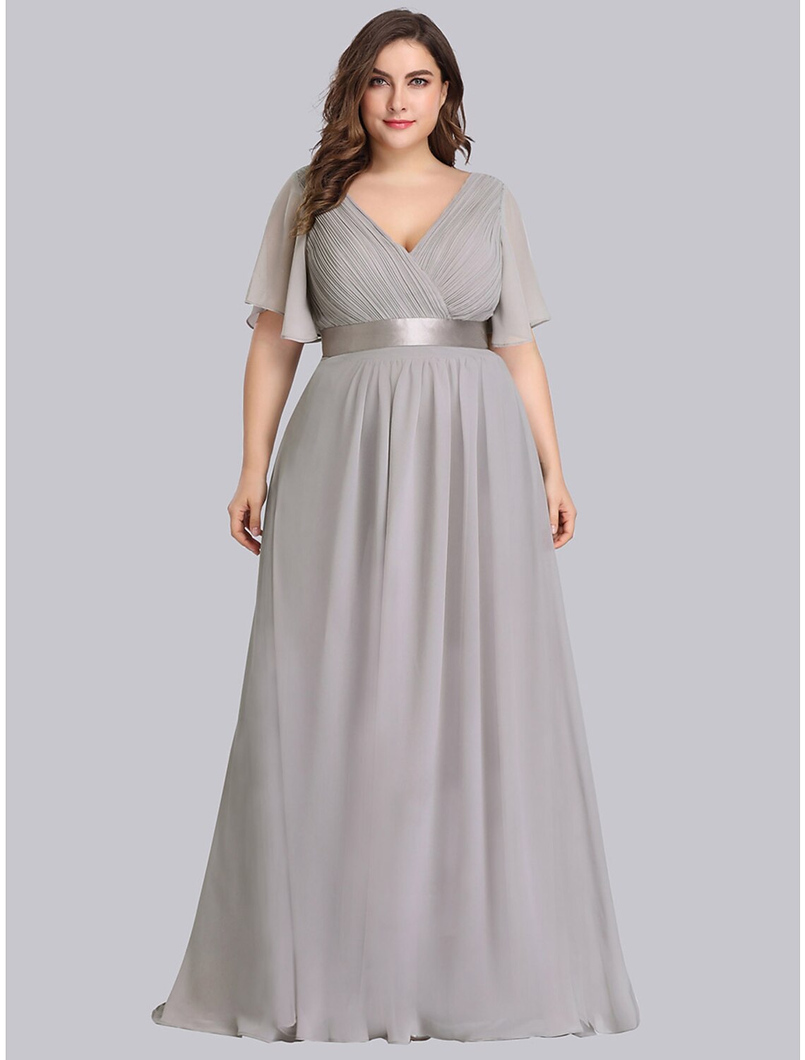 Abito da madre della sposa a trapezio, elegante, in chiffon, con scollo a V, lungo fino al pavimento, manica corta, con fascia/nastro arricciato, taglie forti