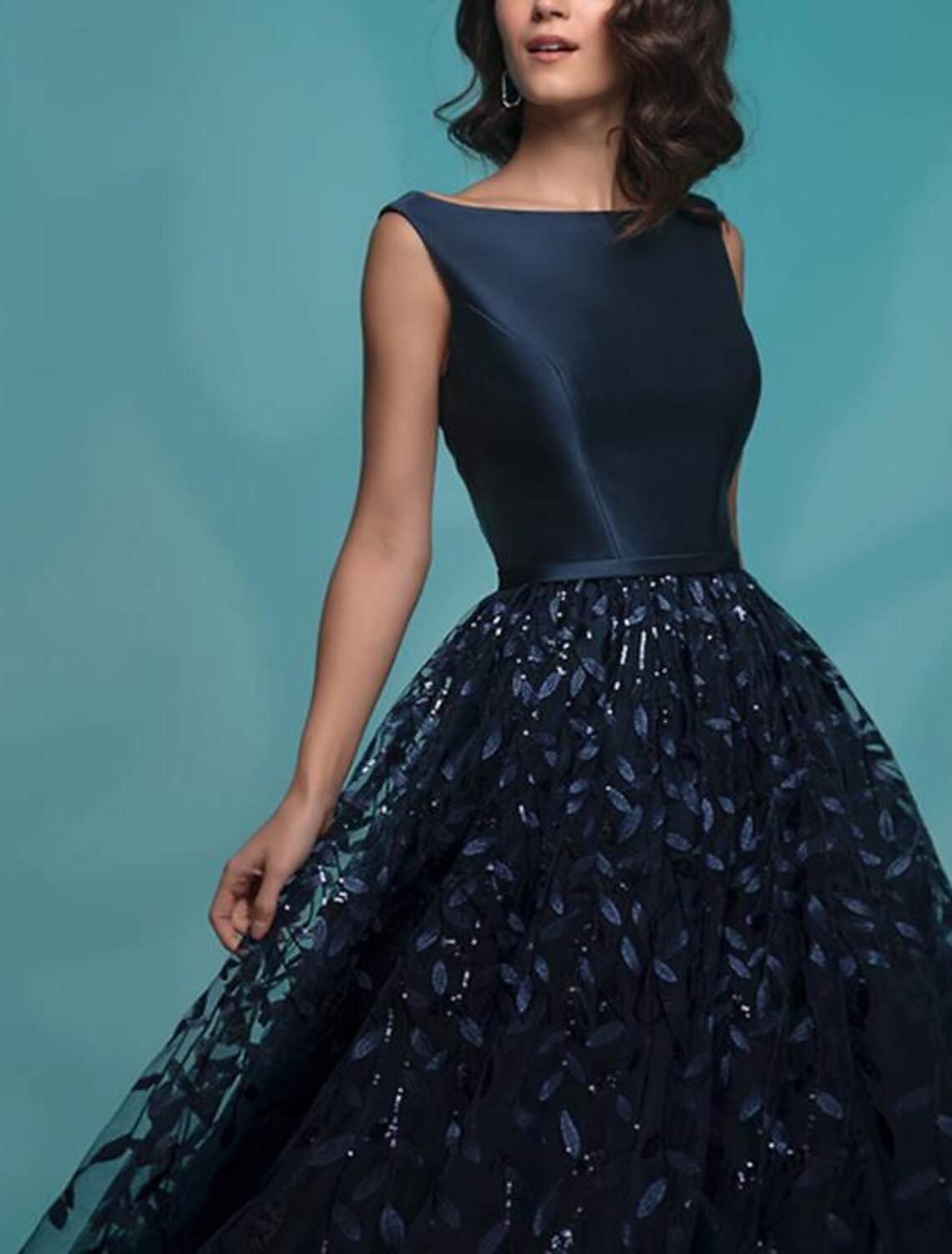 Vestido de noche de corte A, minimalista, para invitada de boda, fiesta de bodas, largo hasta el suelo, sin mangas, cuello joya, encaje con apliques de lentejuelas, color puro