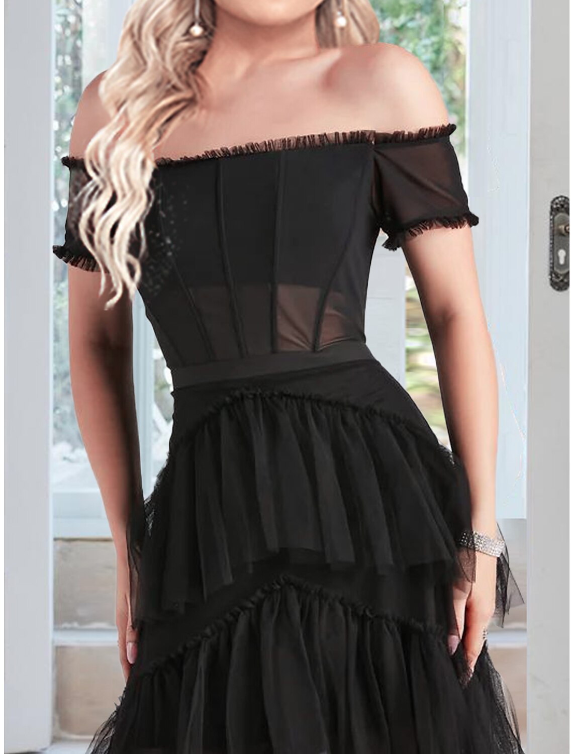 Black Off-the-Shoulder Tulle A-Line Floor-Length Evening Dress