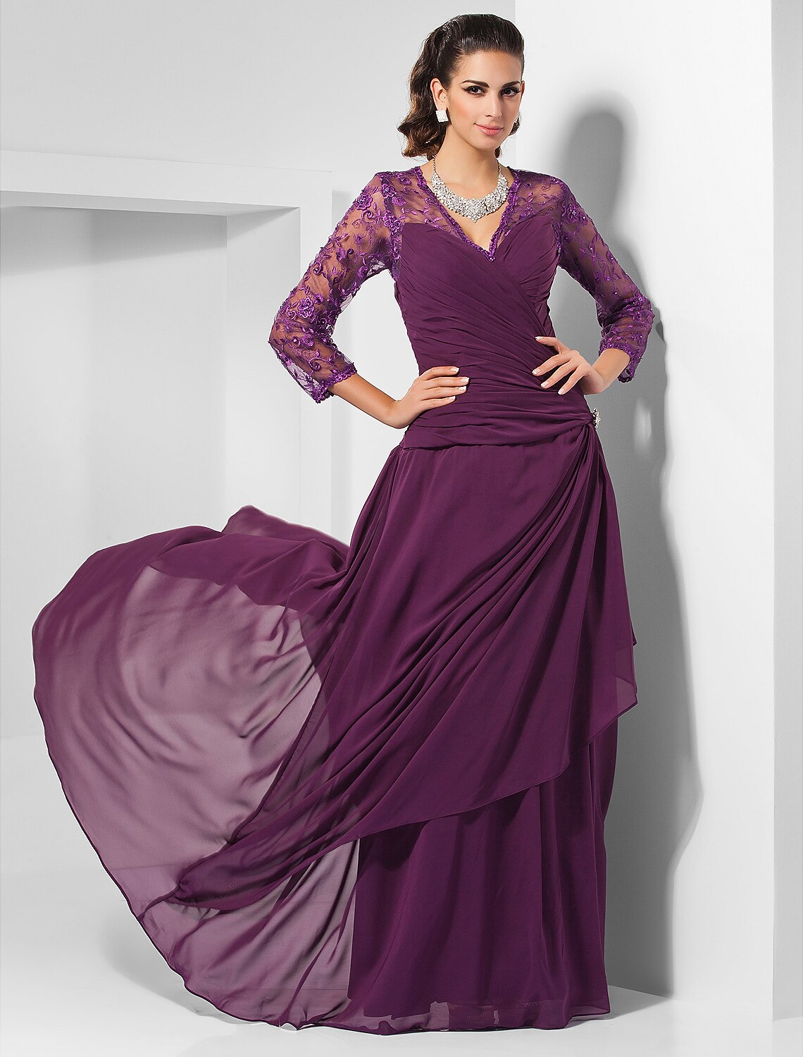 Vestido tubo/columna elegante formal de noche, boda, fiesta, militar, baile, escote en V, manga 3/4, largo hasta el suelo, de gasa con encaje entrecruzado y abalorios.