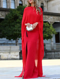 Red Chiffon Sheath/column Floor-Length with Cape overlay + High slit & High Neck – Jimiss