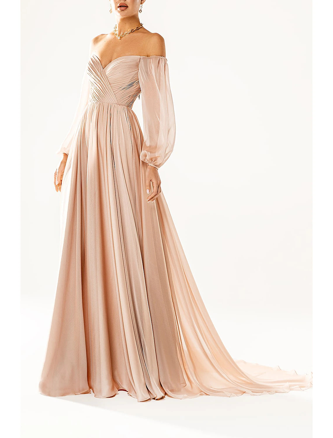 Red Chiffon A-Line Floor-Length with Sweetheart Neckline, Ruched Bodice & Off-the-Shoulder, High Slit