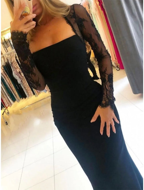 Black Crepe Mermaid Straight Neck Floor-Length Evening Dress with Lace Sleeves
