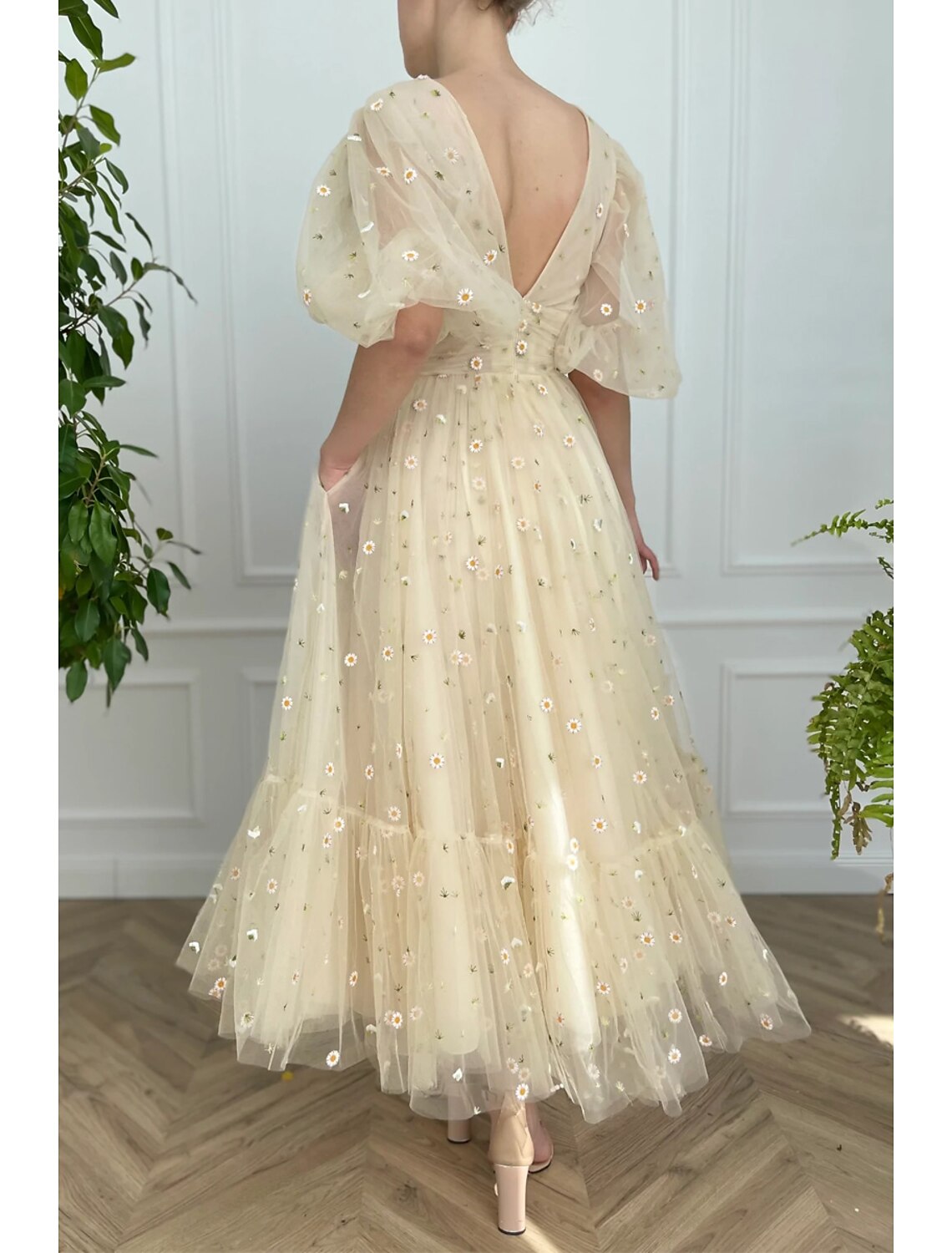 Abiti da ballo a trapezio, abito floreale, formale, da ospite di nozze, lunghezza alla caviglia, mezza manica, scollo a V, pizzo, schiena a V, pieghe e arricciato