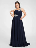 Dark Navy One Shoulder A-Line Chiffon Floor-Length Evening Dress