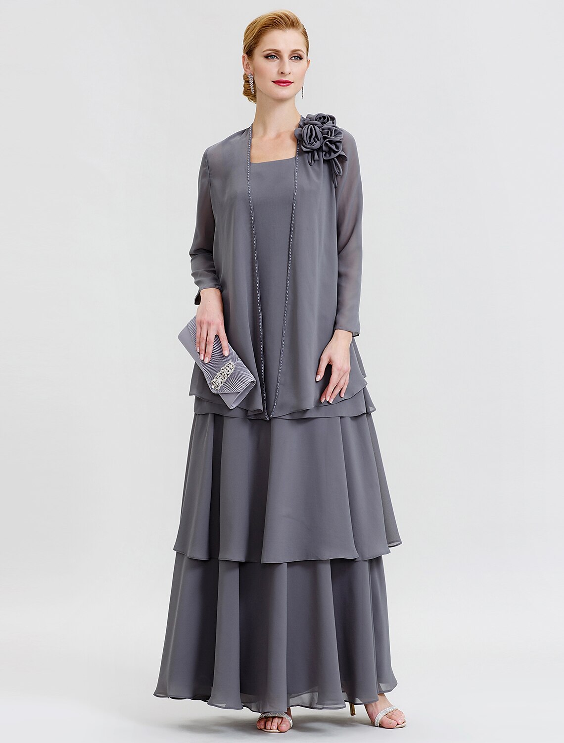 Abito da madre della sposa a trapezio, formale, floreale, convertibile, scollo a barchetta, lunghezza pavimento, in chiffon, manica lunga, avvolgente, con perline e fiori a strati