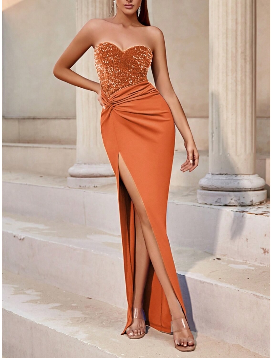 Vestido de noche azul, naranja, verde y azul con corte A, brillante y formal, largo hasta el suelo, sin mangas, escote en forma de corazón, tela con lentejuelas brillantes, abertura para boda de otoño