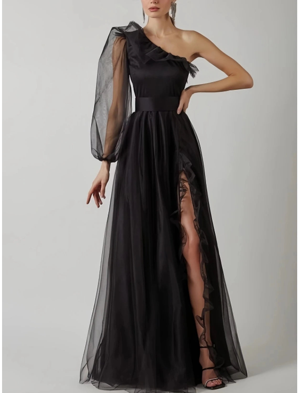Blushing Pink Chiffon A-Line Floor-Length One Shoulder Bridesmaid Dress with Ruffled Slit