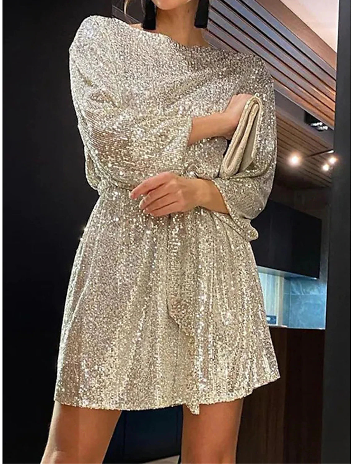Abito da donna con paillettes, abito da festa, abito da ballo, miniabito, argento, nero, bianco, manica lunga, colore puro, con lacci, autunno, inverno, girocollo, rosso, abito per San Valentino, abito invernale, San Valentino, matrimonio