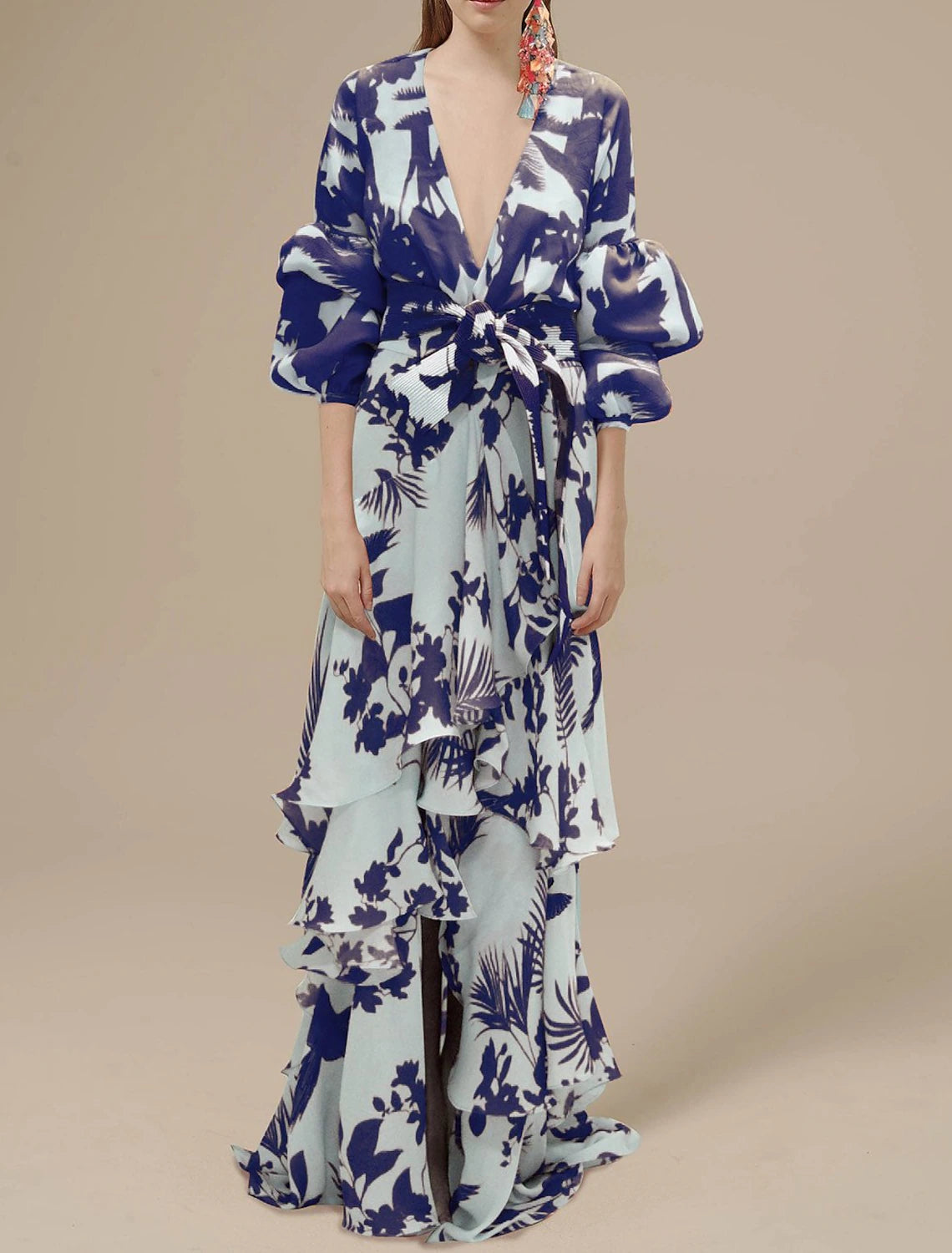 Blue Chiffon A-Line Floor-Length Wedding Guest Dress with V-Neck & Tiered Ruffled Skirt