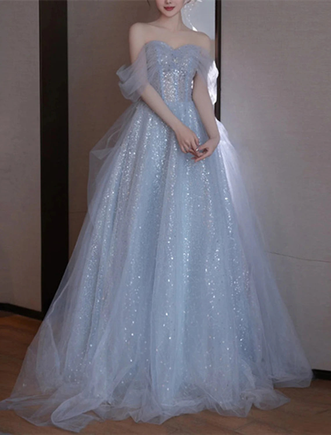 Vestidos de fiesta de corte A, elegantes, para invitados de boda, graduación, largo hasta el suelo, sin mangas, hombros descubiertos, con lentejuelas