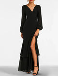 Vestido de noche negro de sirena, talla grande, con capas plisadas, para invitada de boda, formal, largo hasta el suelo, manga larga, escote en V, estilo gótico, de gasa con abertura y tirantes 2025