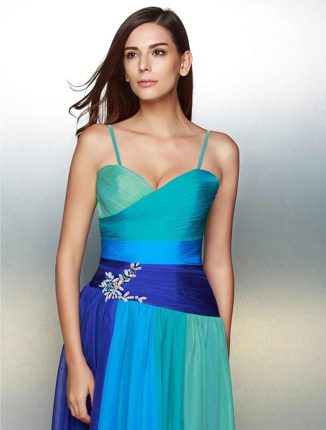 Blue Chiffon A-Line Floor-Length Evening Dress with Ruched Bodice and Draped Waistband