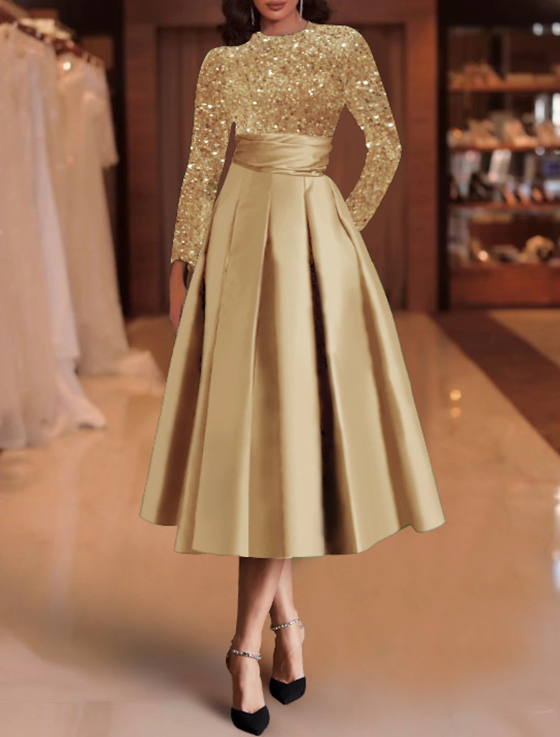 A-Line Cocktail Dresses Elegant Dress Christmas Red Green Dress Wedding Guest Tea Length Long Sleeve Jewel Neck Satin with Pleats Sequin 2025