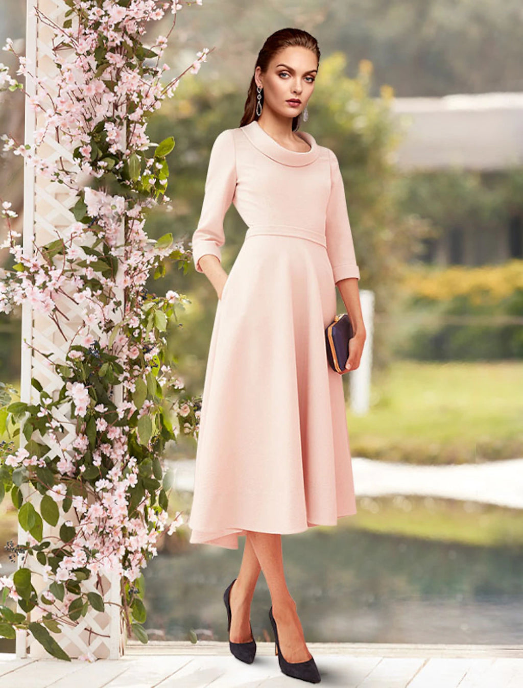 Blushing Pink Cowl Neck Crepe A-Line Tea-Length Dress – Wedding Guest & Cocktail Party