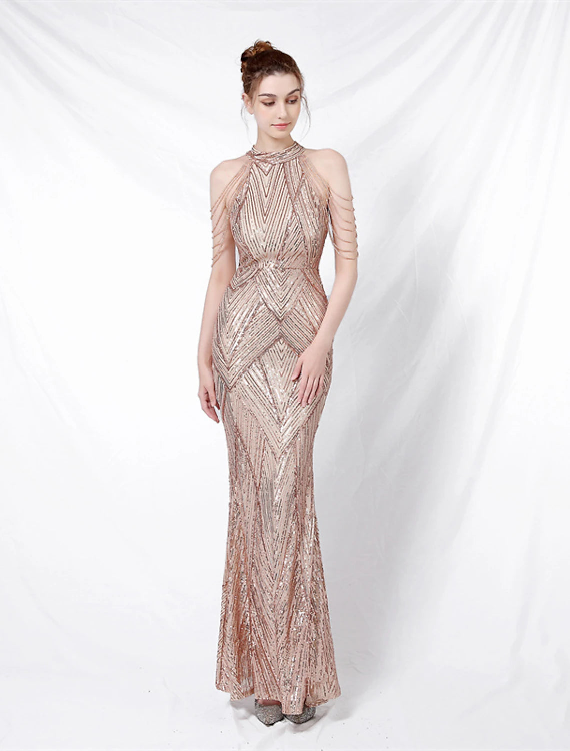 White Sequin Mermaid Floor-Length Dress with High Neck and Chain Shoulder Details