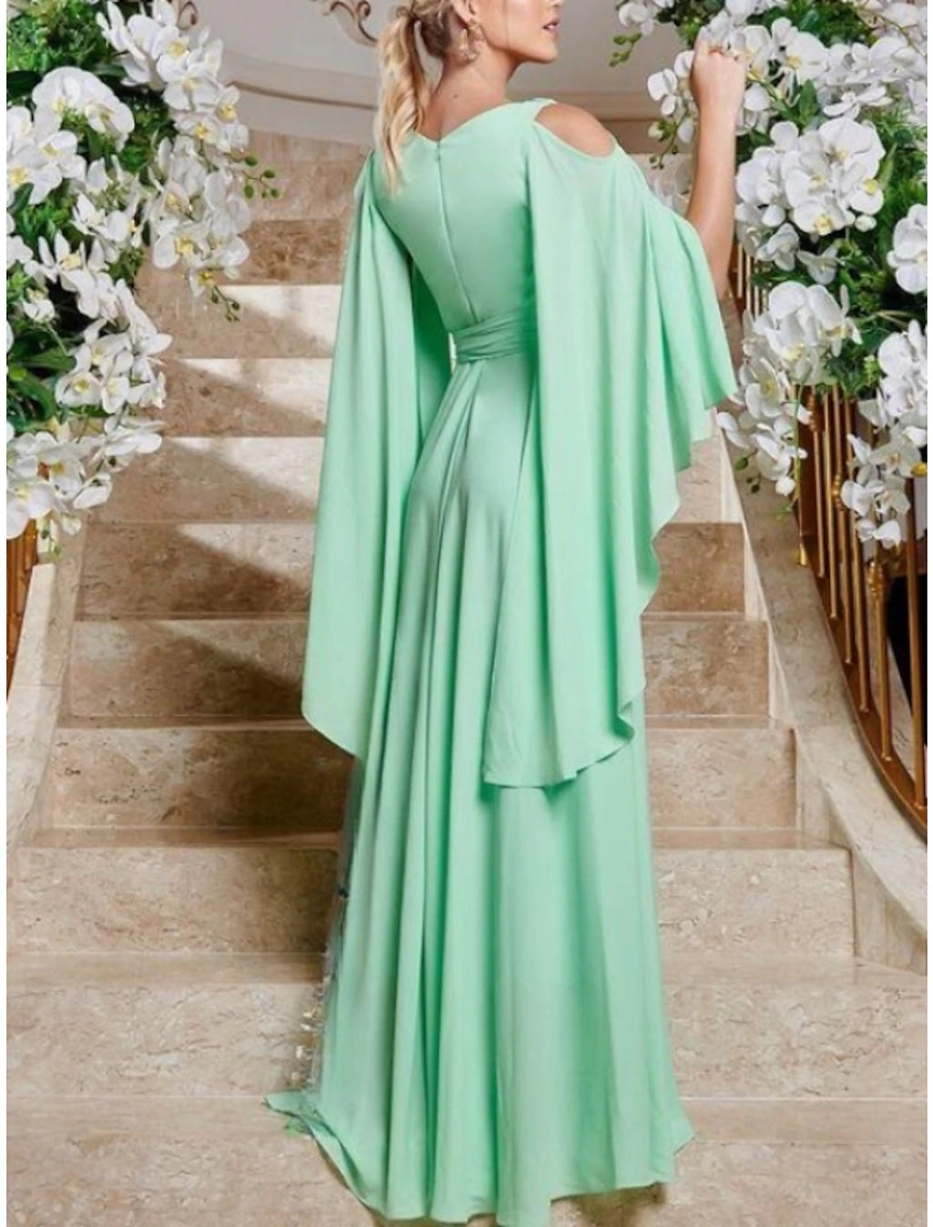 Mint Green Chiffon A-Line Floor-Length Dress with V-Neck and Cold-Shoulder Cape Sleeves