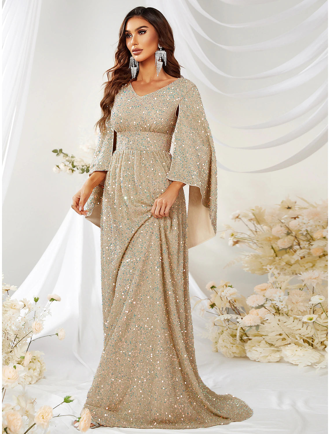 Gold Sequin A-Line V-Neck Floor-Length Gown with Cape Sleeves