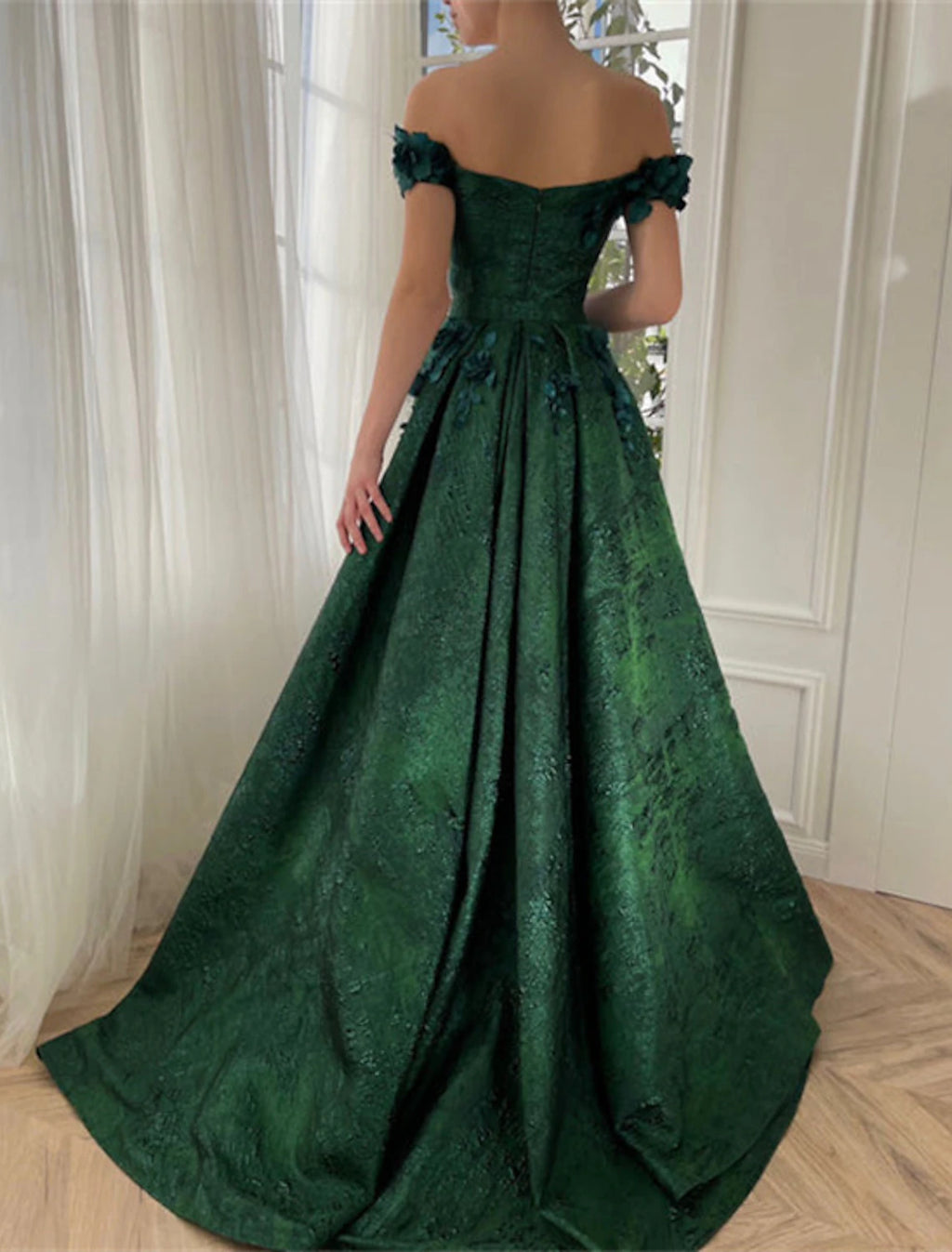 Vestidos de fiesta de corte A, vestido floral, para invitados de boda, fiesta de bodas, cola de corte, sin mangas, hombros descubiertos, satén con apliques de abertura