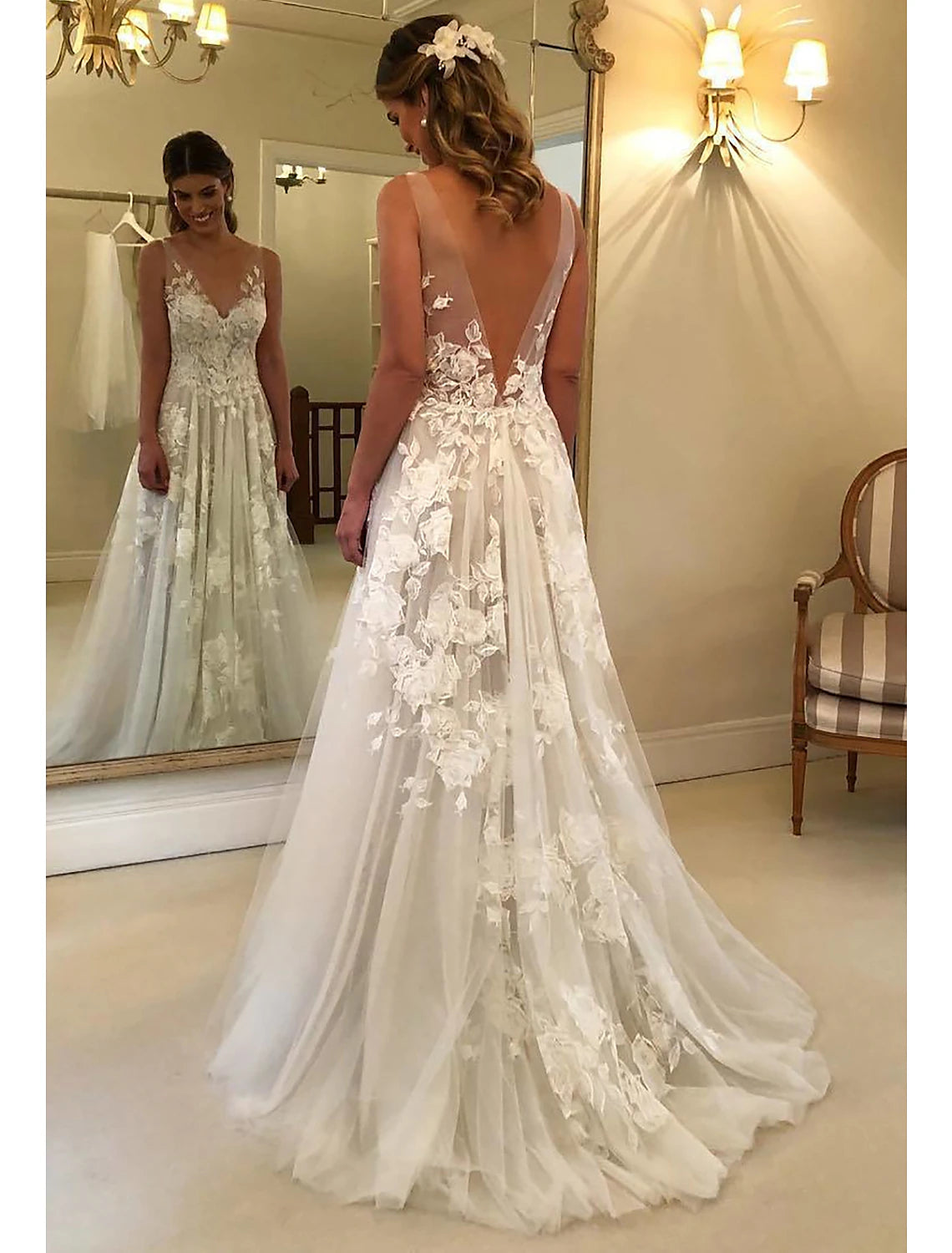 Ivory Lace A-Line V-Neck Floor-Length Wedding Dress with Lace Appliqué Bodice