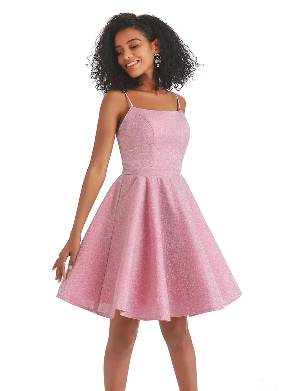 Pink Glitter Fabric A-Line Short Dress with Square Neck and Spaghetti Straps