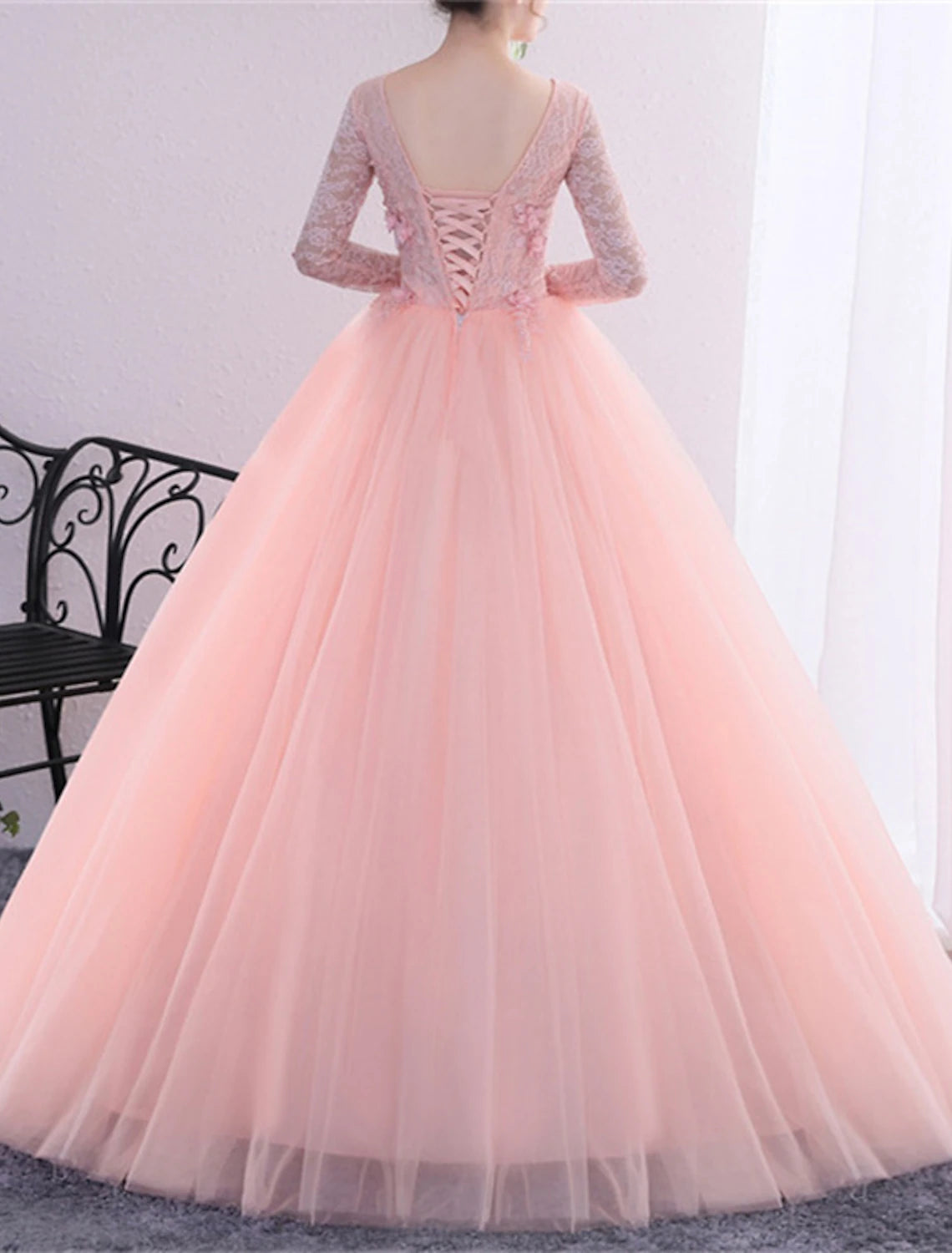 Blushing Pink Lace & Tulle A-Line Floor-Length V-Neck Gown with 3D Floral Appliques