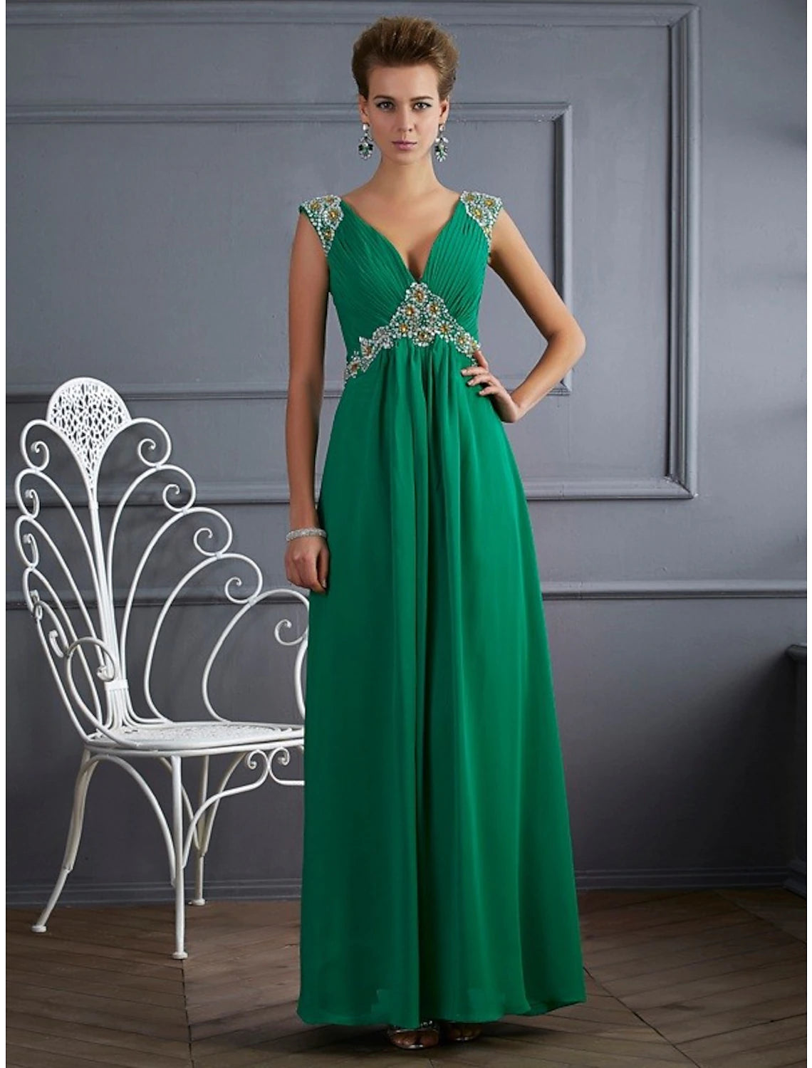 Emerald Chiffon A-Line Floor-Length Gown with V-Neck and Embellished Shoulders